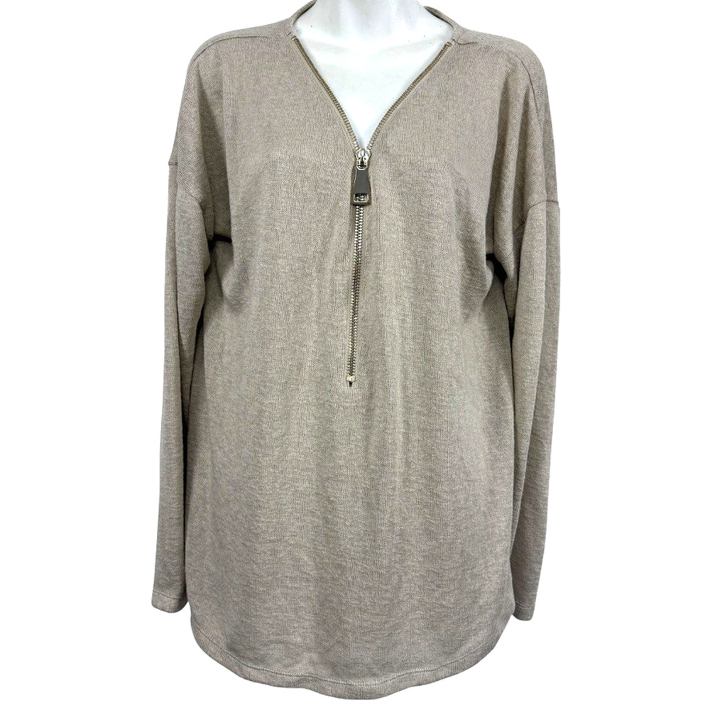 Soft Surroundings Valentina Zip Sweater Stone Beige V-Neck Long Sleeve sz L